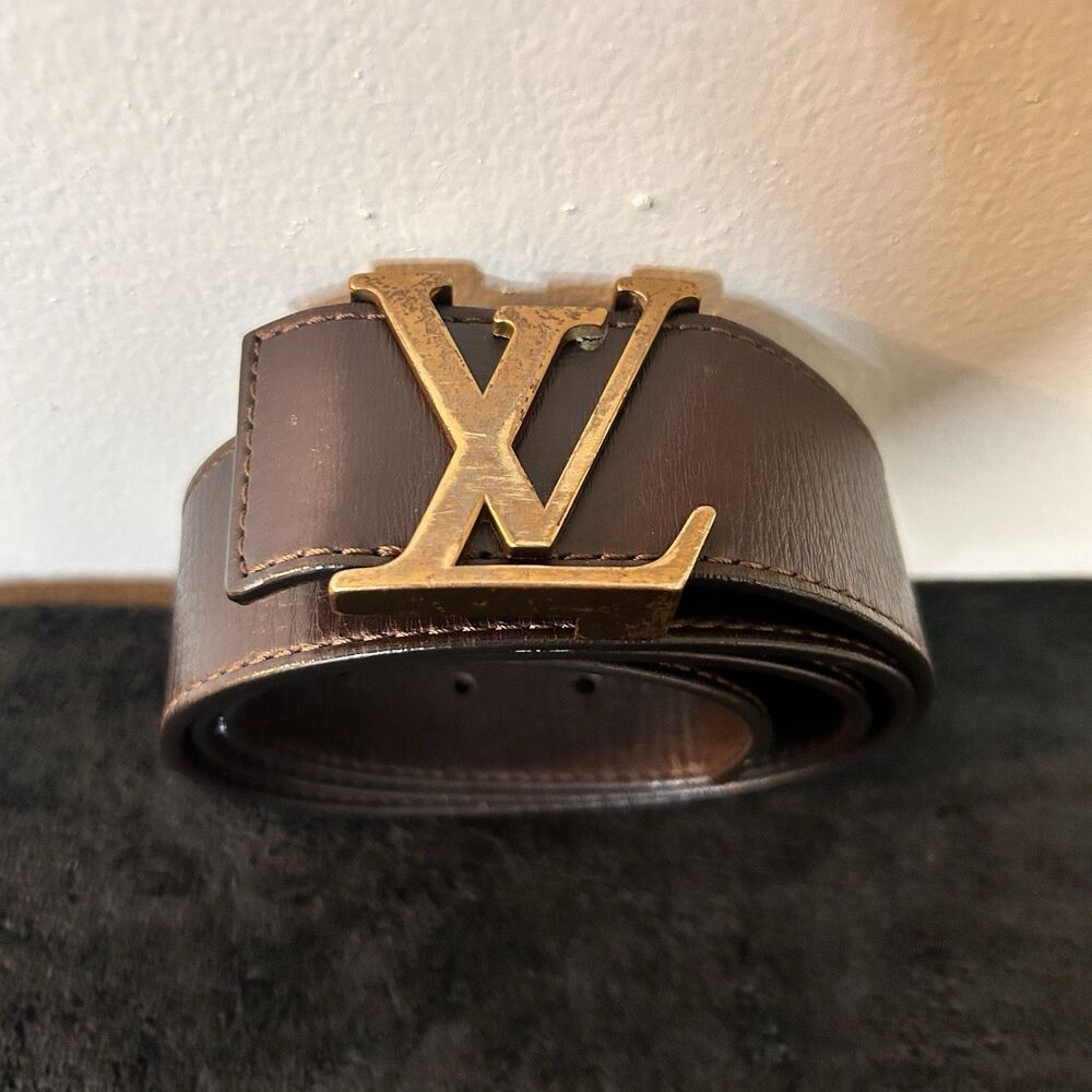 Louis Vuitton Initiales Leather Belt Brown Gold LV Buckle Size Small - Picture 2 of 10